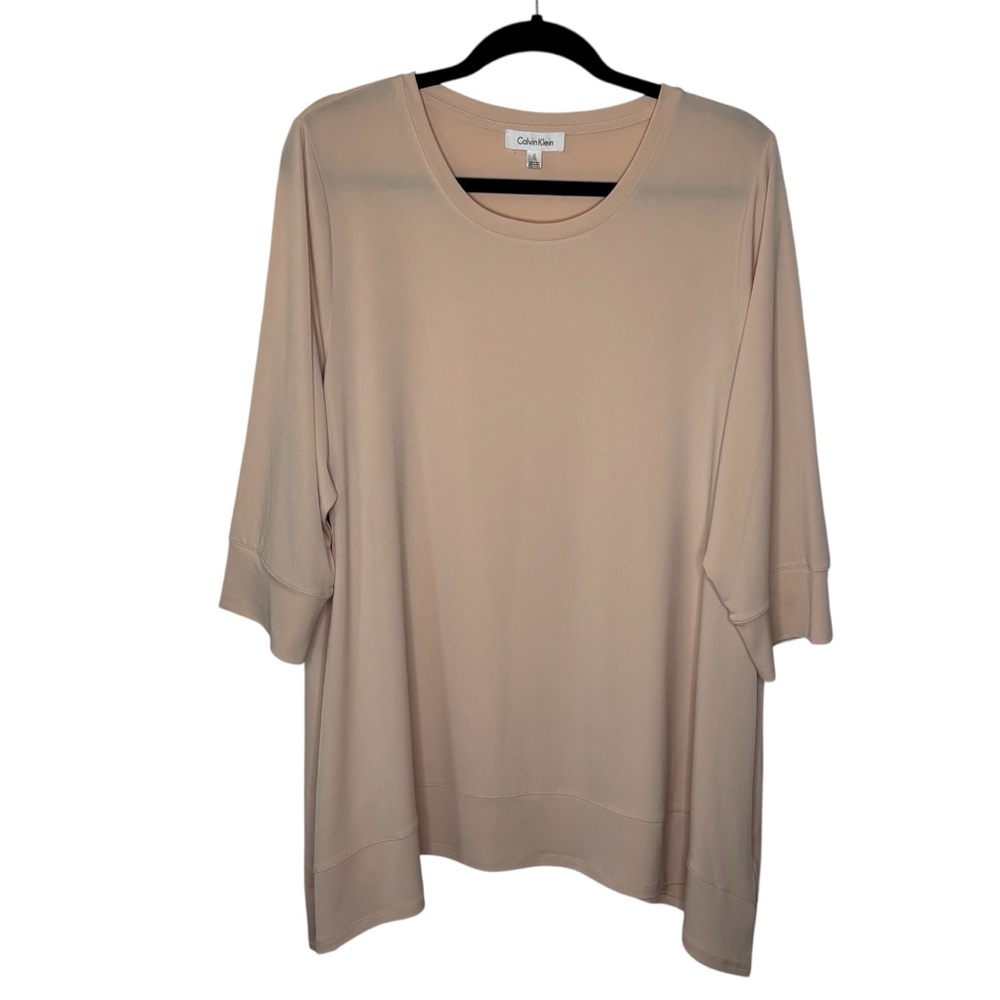 Calvin Klein Top Blouse 1XL Light Pink Slinky Round Crew Neck 3/4 Sleeve Tunic
